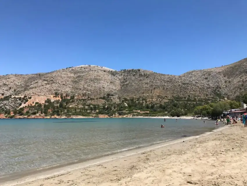 Lithi Beach in western Chios with shallow sandy waters, ideal for families